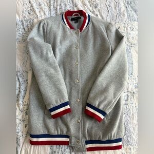 Gray Varsity Jacket with Striped Cuffs